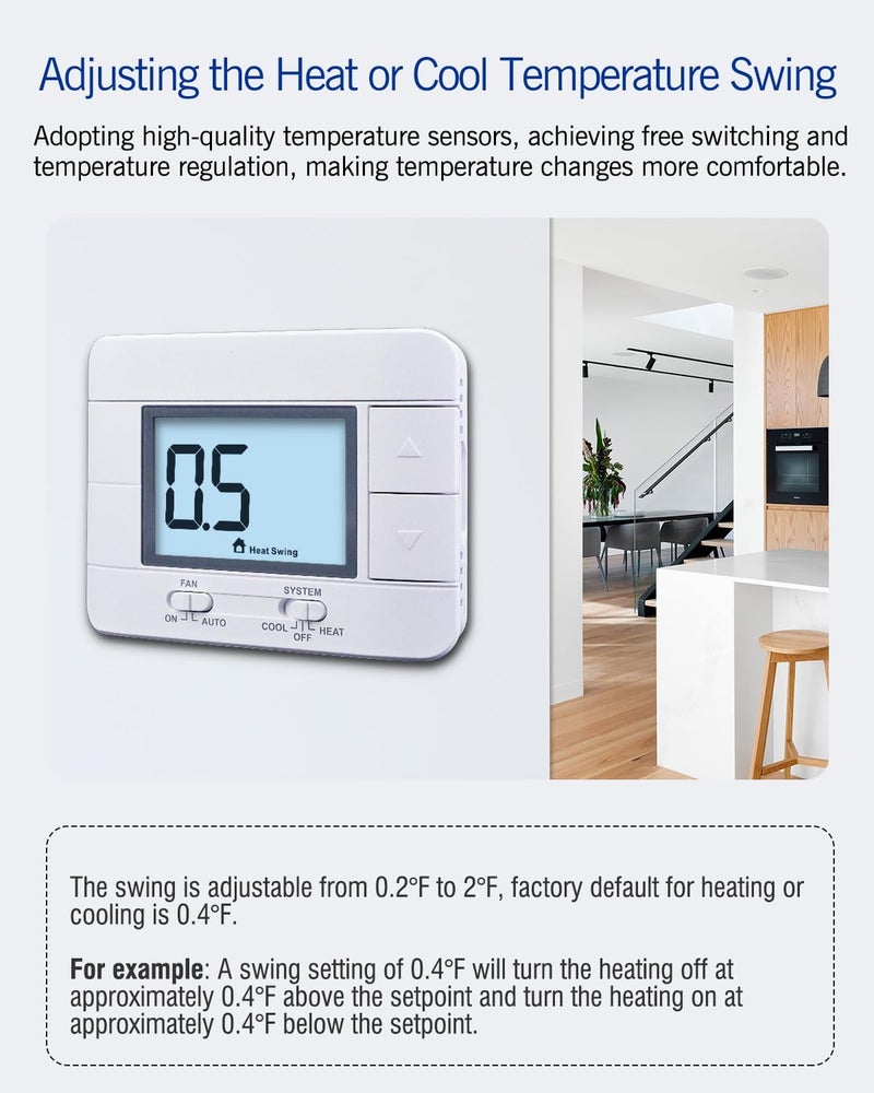Aowel Non Programmable Thermostat for Home 1 Heat/ 1 Cool Single-Stage System, with Room Temperature Monitor (LCD White Backlit Screen) - Image 4